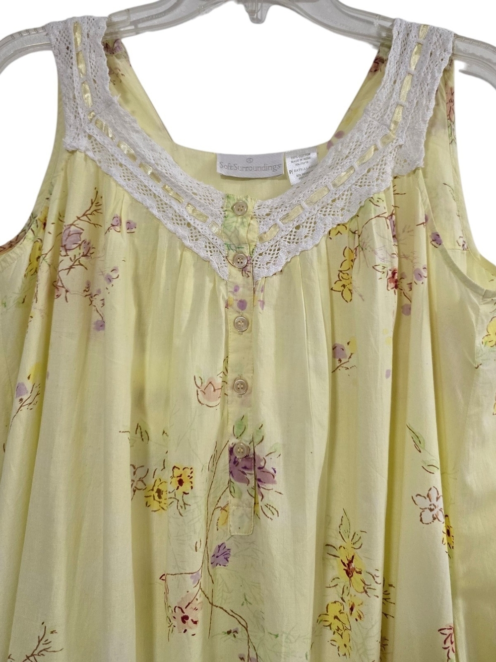 Soft Surroundings Pale Yellow Floral Lace-Trim Maxi Cotton Nightgown Size XL - Picture 4 of 10